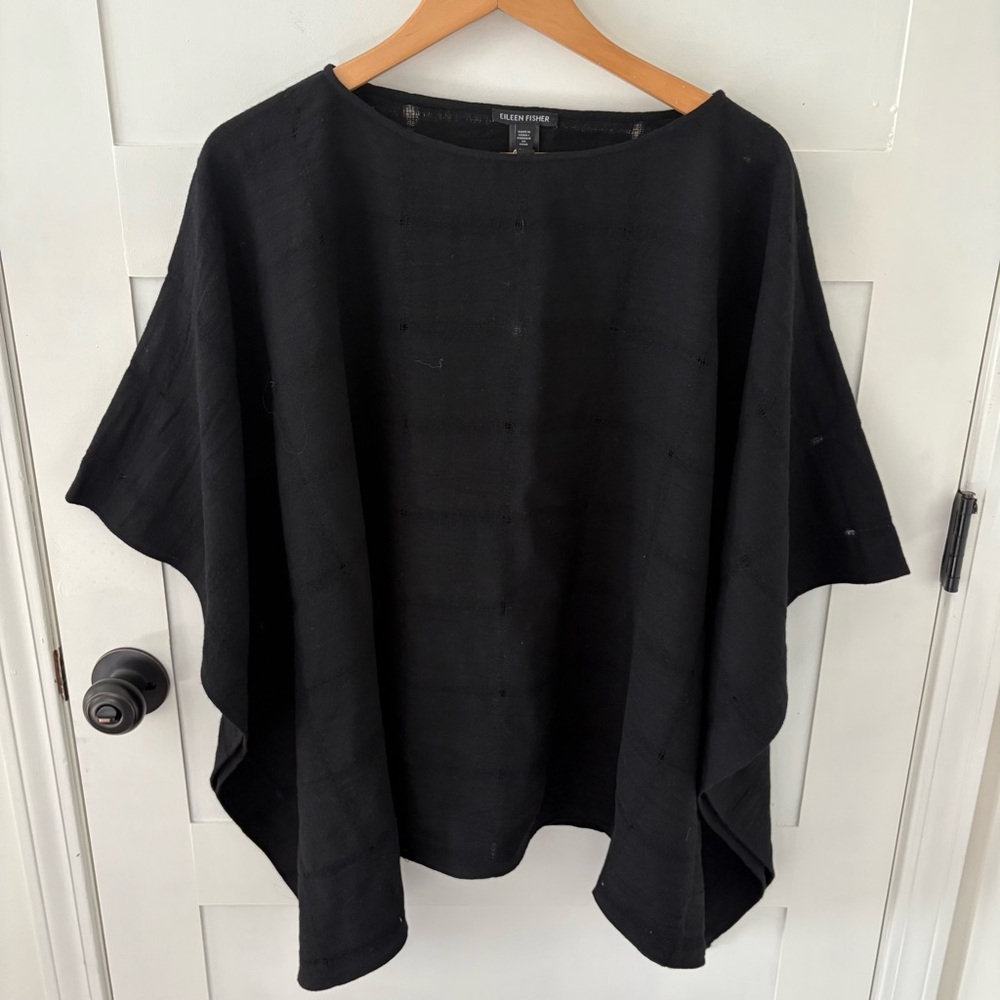 Eileen Fisher Wool Gauze Grid Poncho Black. One Size. - Picture 4 of 12